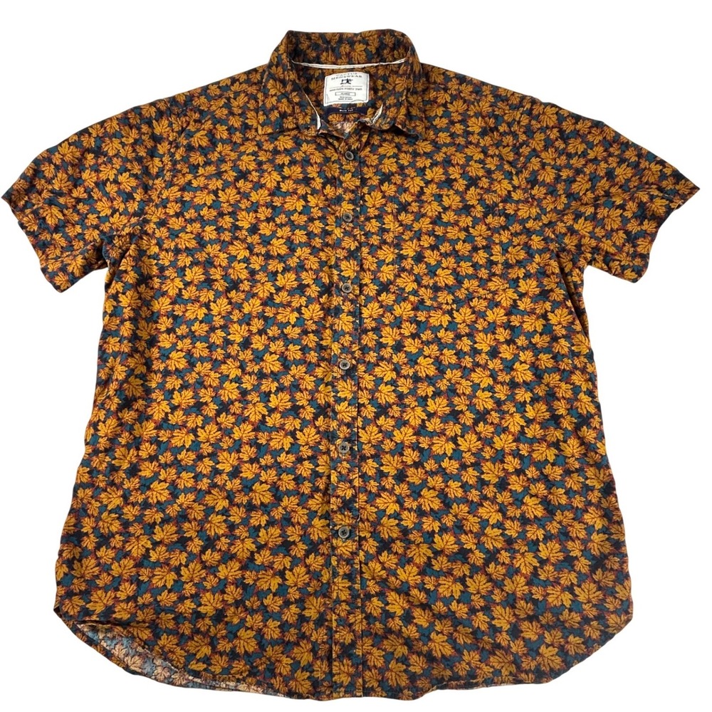Cactus Menswear Slim Fit Short Sleeve Button Down Shirt Orange Maple Leaf XL